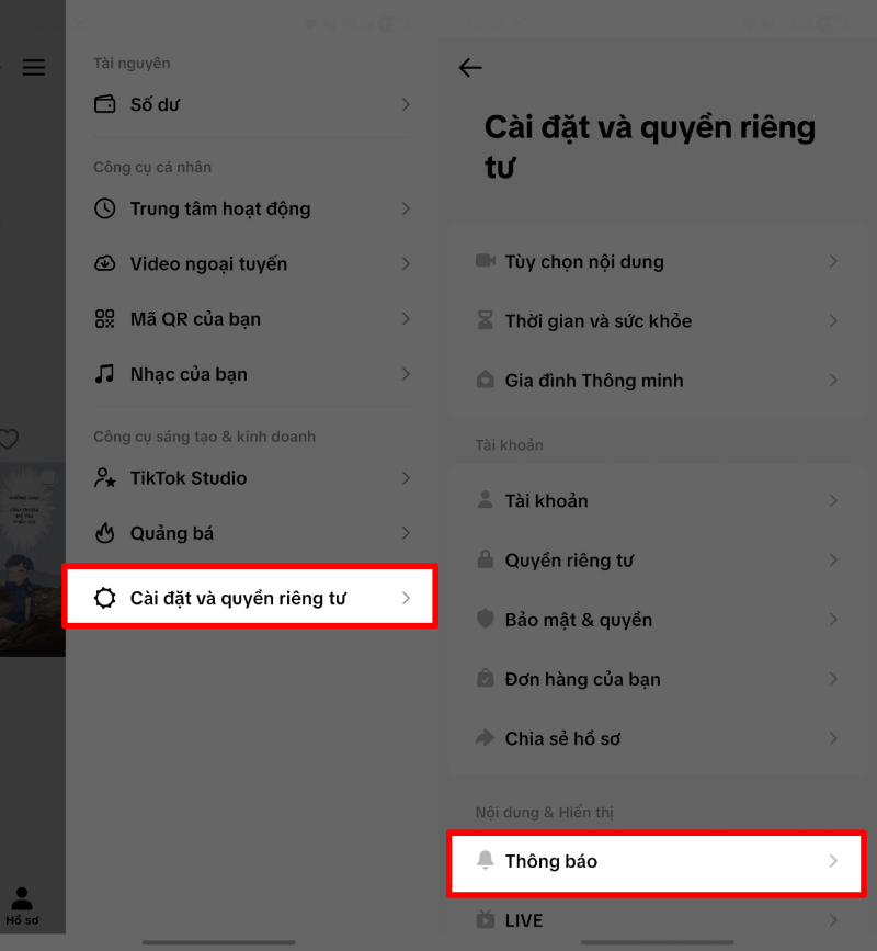 Nhấn Cài đặt và quyền riêng tư.