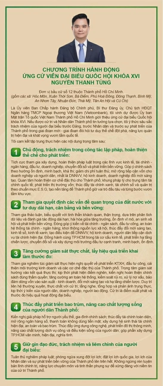 Chủ tịch HĐQT Vietcombank Nguyễn Thanh Tùng ứng cử đại biểu Quốc hội khóa XVI tại đơn vị bầu cử số 12, TP. Hồ Chí Minh Chủ tịch HĐQT Vietcombank Nguyễn Thanh Tùng ứng cử đại biểu Quốc hội khóa XVI tại đơn vị bầu cử số 12, TP. Hồ Chí Minh