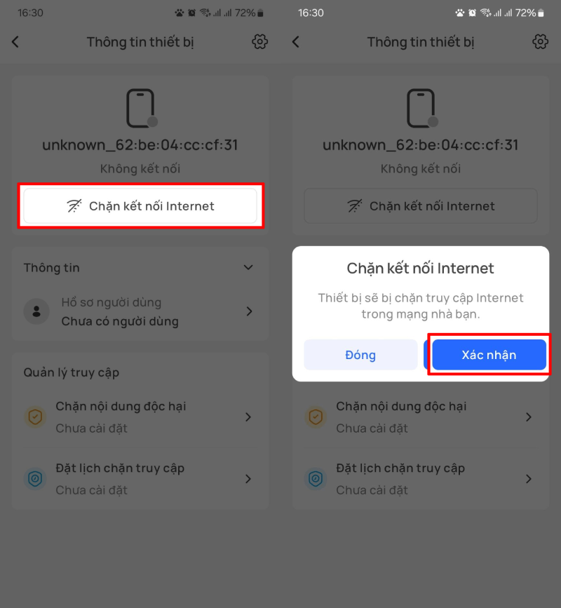 Nhấn vào thiết bị mà bạn muốn chặn, sau đó chọn Chặn kết nối Internet. 