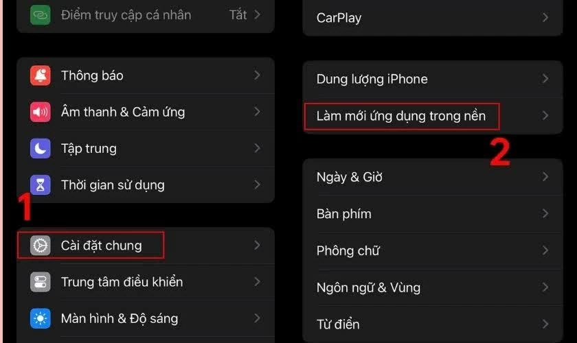 Mở Cài đặt → chọn Cài đặt chung → nhấn vào Làm mới ứng dụng trong nền.