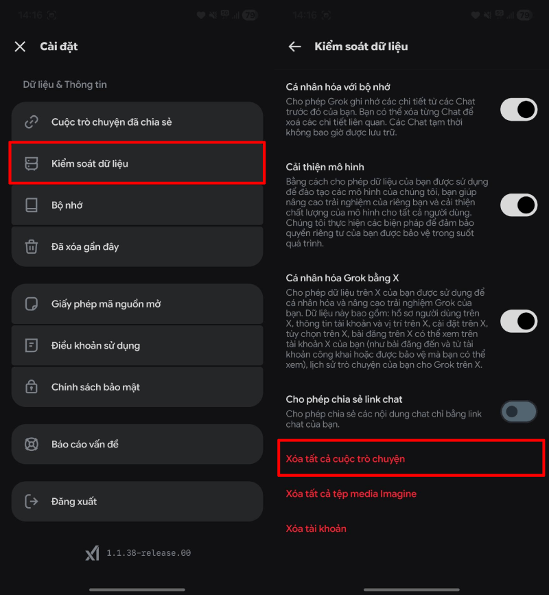 Trong mục cài đặt, tìm và nhấn vào Kiểm soát dữ liệu (Data Controls).