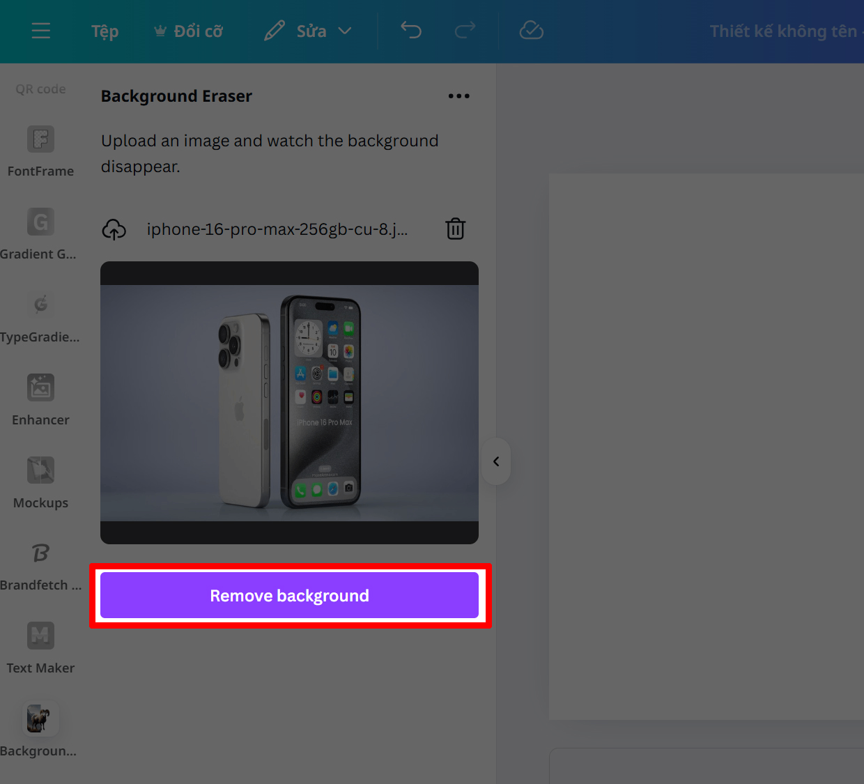 Nhấn vào tùy chọn Remove Background để tiến hành xóa phông. 