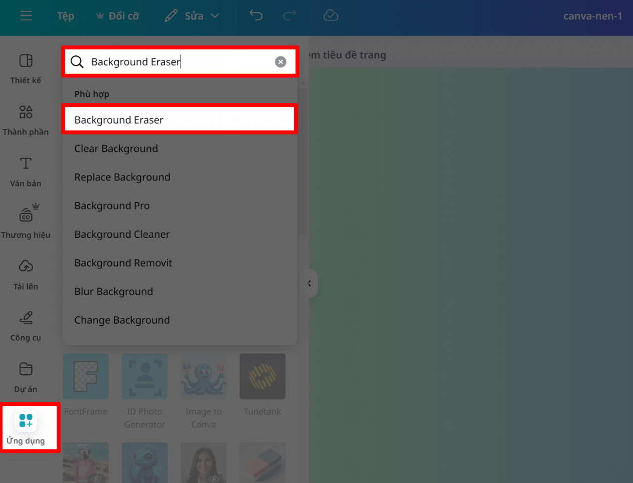 Trong giao diện chỉnh sửa, nhấn vào mục Ứng dụng (Apps).