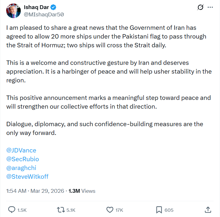Bài đăng của Ngoại trưởng Pakistan Ishaq Dar trên mạng xã hội X. (Ảnh chụp màn hình)