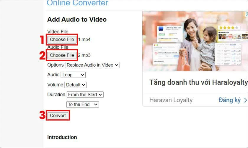 Nhấn Choose File ở hai mục Video file và Audio file. Nhấn Choose File ở hai mục Video file và Audio file.