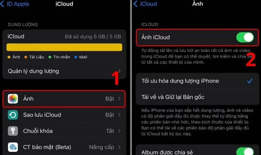 Chọn mục Ảnh và bật Ảnh iCloud để ảnh tự động đồng bộ sang iPhone mới.