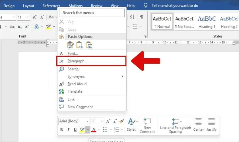 Mở file Word, tại thanh công cụ chọn mục Paragraph.