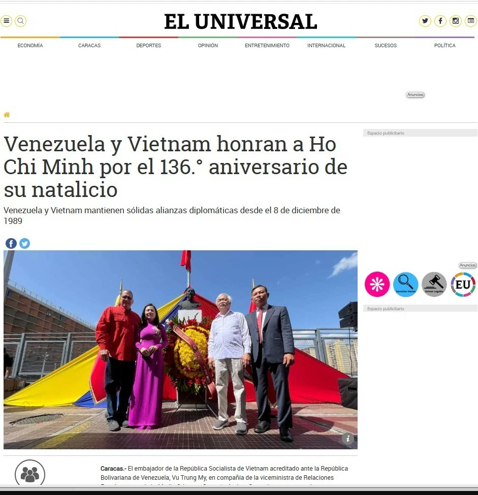 Venezuela tổ chức trọng thể Lễ kỷ niệm 136 năm ngày sinh Chủ tịch Hồ Chí Minh Venezuela tổ chức trọng thể Lễ kỷ niệm 136 năm ngày sinh Chủ tịch Hồ Chí Minh