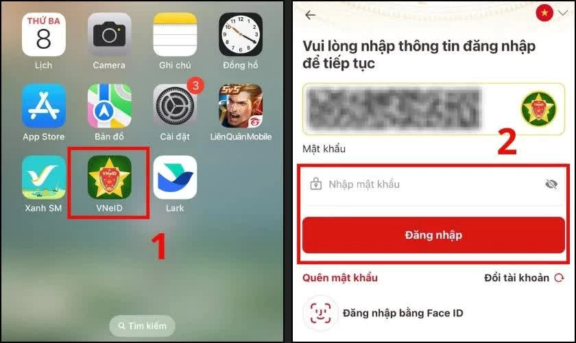 Trước hết, hãy mở và đăng nhập ứng dụng VneID. Trước hết, hãy mở và đăng nhập ứng dụng VneID.