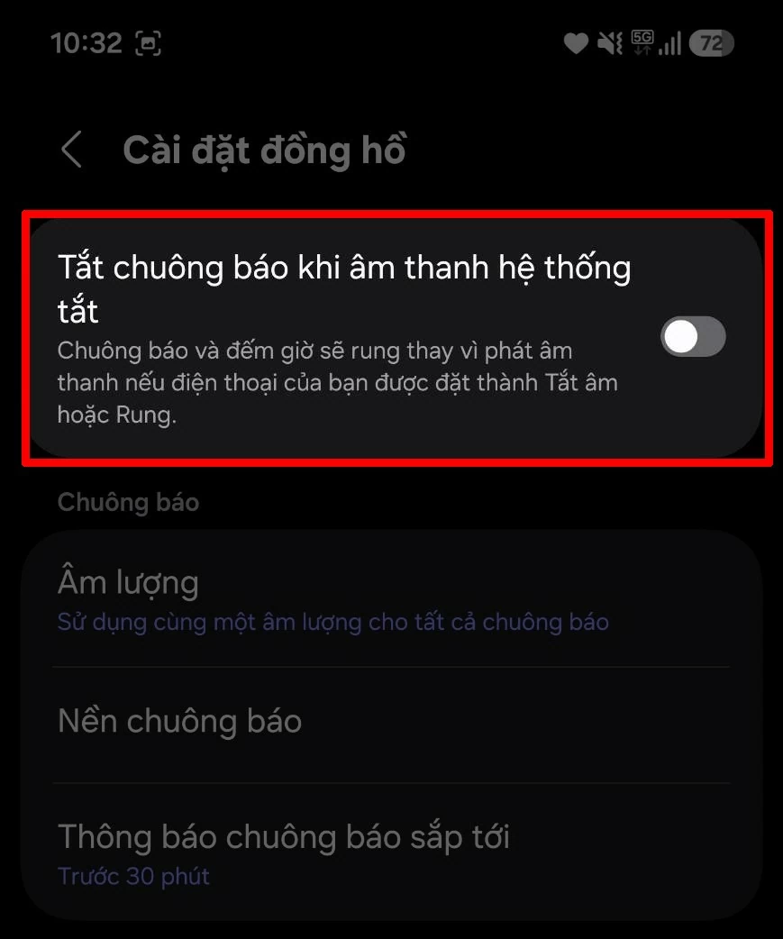 Tại phần cài đặt, tắt tùy chọn chuông báo âm thanh hệ thống.