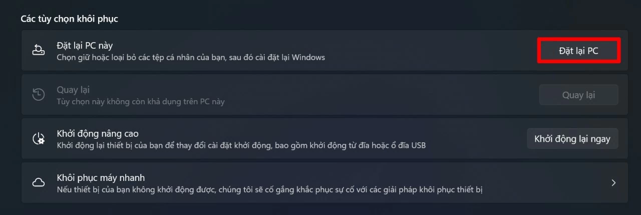 Tại phần Đặt lại PC này, nhấn nút Đặt lại PC.