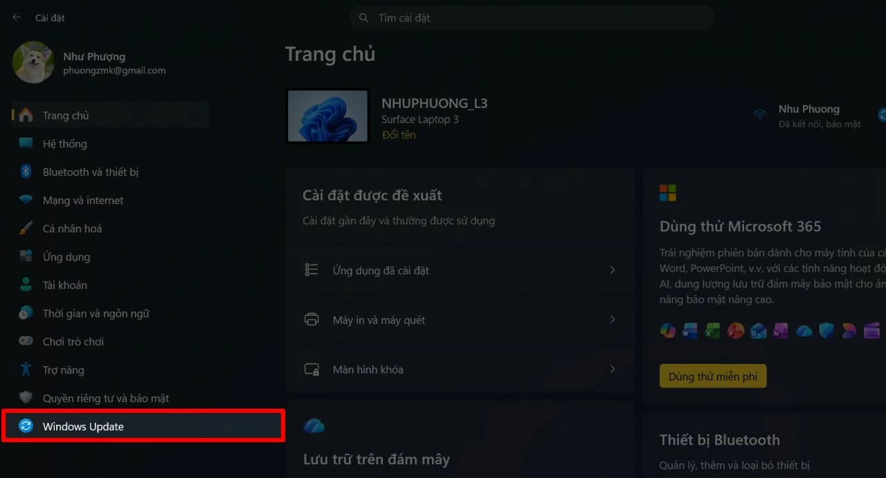 Trong giao diện cài đặt, chọn mục Windows Update.