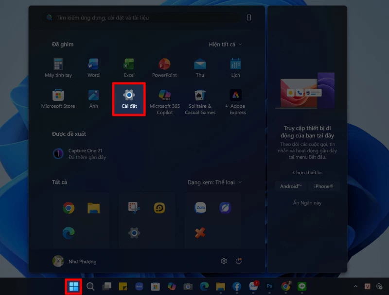 Nhấn biểu tượng Windows trên thanh taskbar.