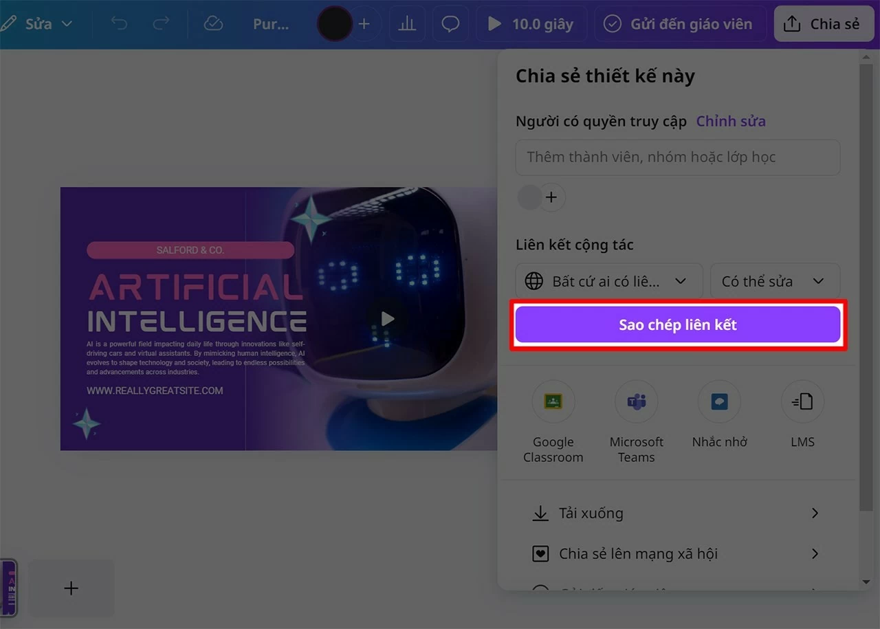 Sau khi hoàn tất thiết lập, nhấn Sao chép liên kết. Sau khi hoàn tất thiết lập, nhấn Sao chép liên kết.