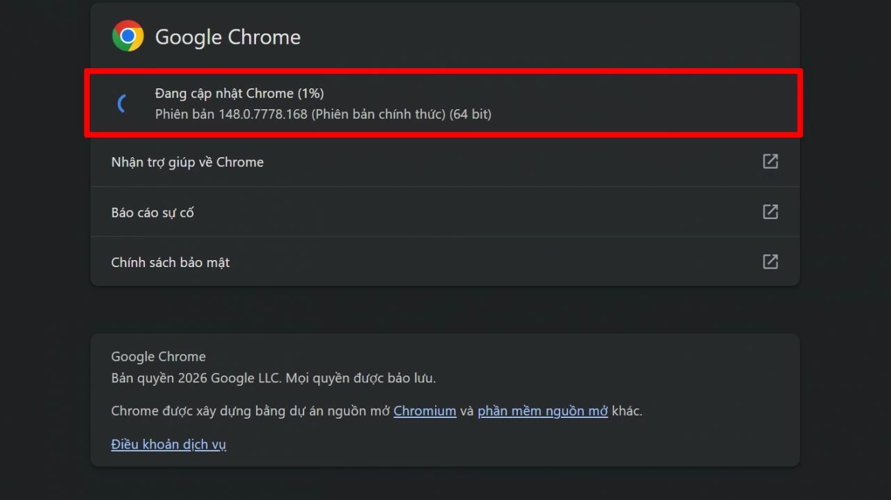 Chrome sẽ tự động kiểm tra phiên bản mới. 
