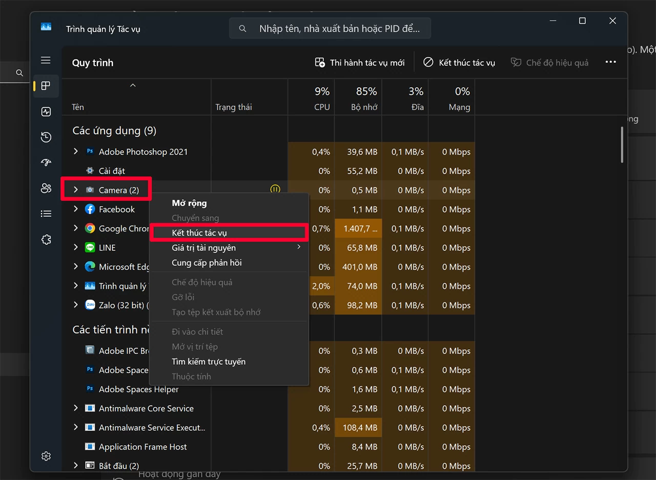 Nhấn tổ hợp phím Ctrl + Shift + Esc để mở Task Manager.