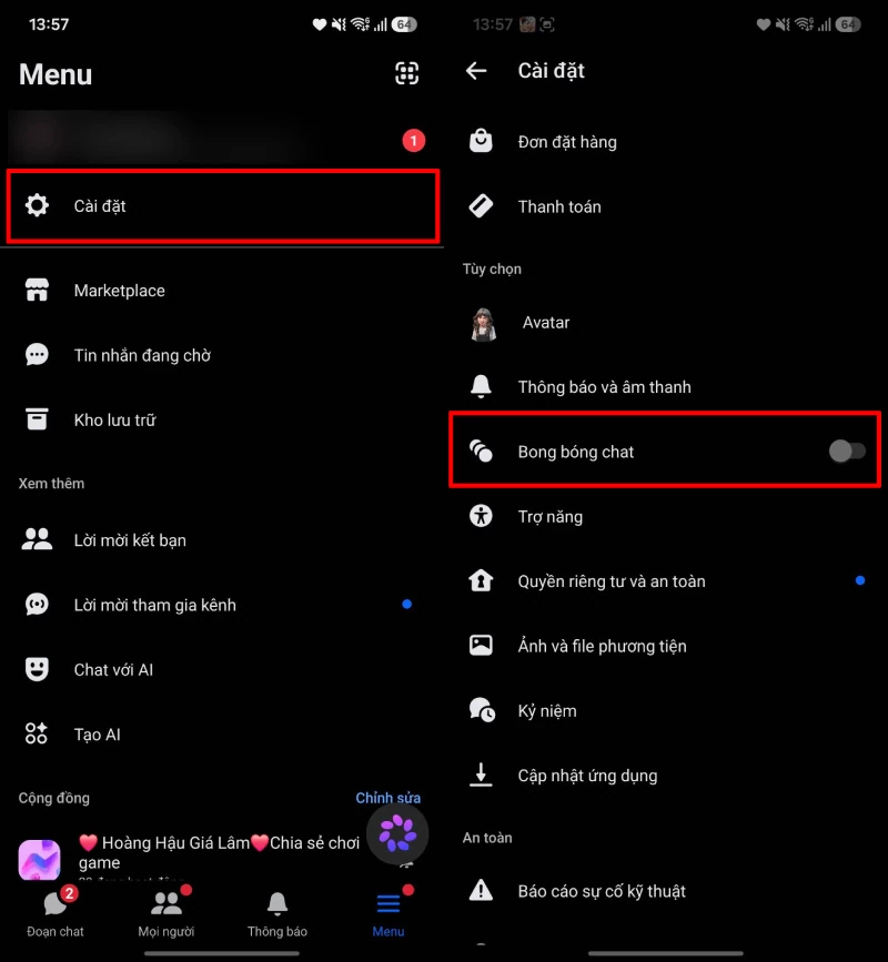 Kiểm tra cài đặt bong bóng chat của Messenger.