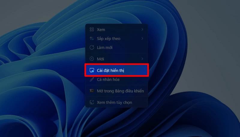 Nhấn chuột phải trên màn hình Desktop và chọn Cài đặt hiển thị. Nhấn chuột phải trên màn hình Desktop và chọn Cài đặt hiển thị.