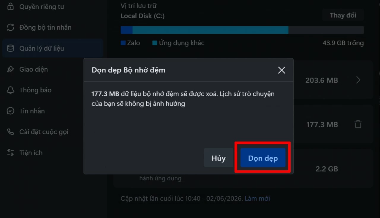 Cuối cùng, bạn nhấn vào biểu tượng thùng rác bên cạnh mục Bộ nhớ đệm.