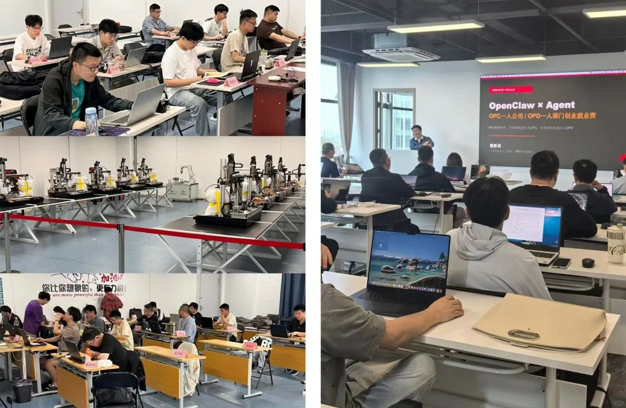 Trái: Học viên tại một trại huấn luyện AI ở Nam Kinh, tỉnh Giang Tô, năm 2026. Phải: Không gian bên trong một trại huấn luyện AI ở Hàng Châu, tỉnh Chiết Giang, năm 2026. Nguồn: Xiaohongshu.