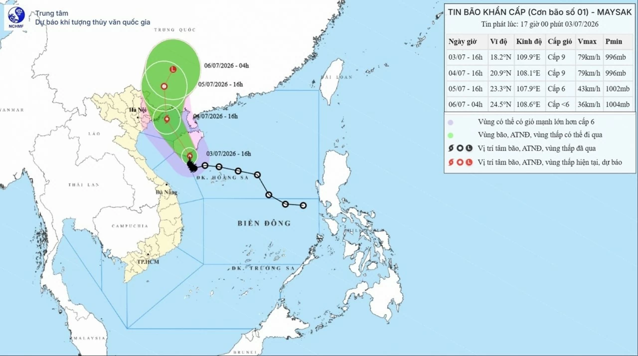 Bão số 1 trên vùng biển phía Nam của đảo Hải Nam (Trung Quốc); đề phòng nguy cơ dông, lốc, gió giật mạnh trước và trong khi bão đổ bộ