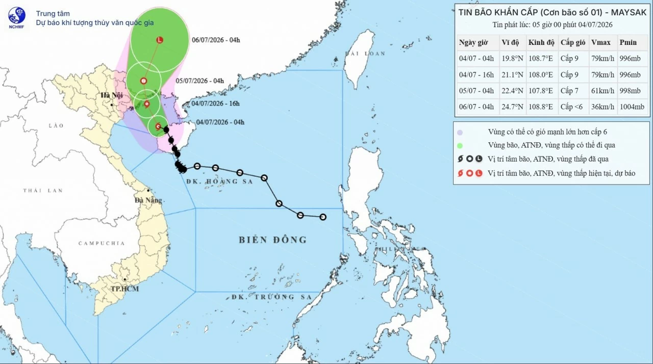 Dự báo quỹ đạo của bão số 1 lúc 5h ngày 4/7/2026. Nguồn: NCHMF Dự báo quỹ đạo của bão số 1 lúc 5h ngày 4/7/2026. Nguồn: NCHMF