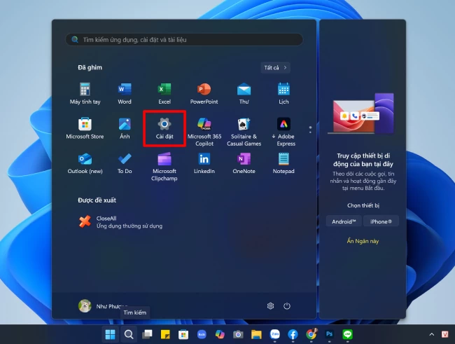 Mở Cài đặt (Settings) trên Windows 11.