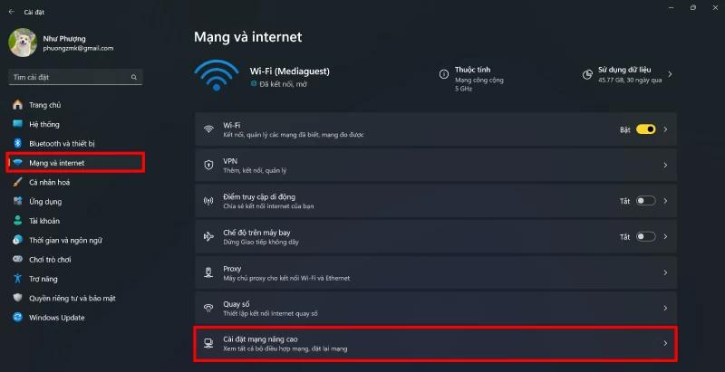 Tại giao diện Cài đặt, chọn Mạng & Internet (Network & Internet).