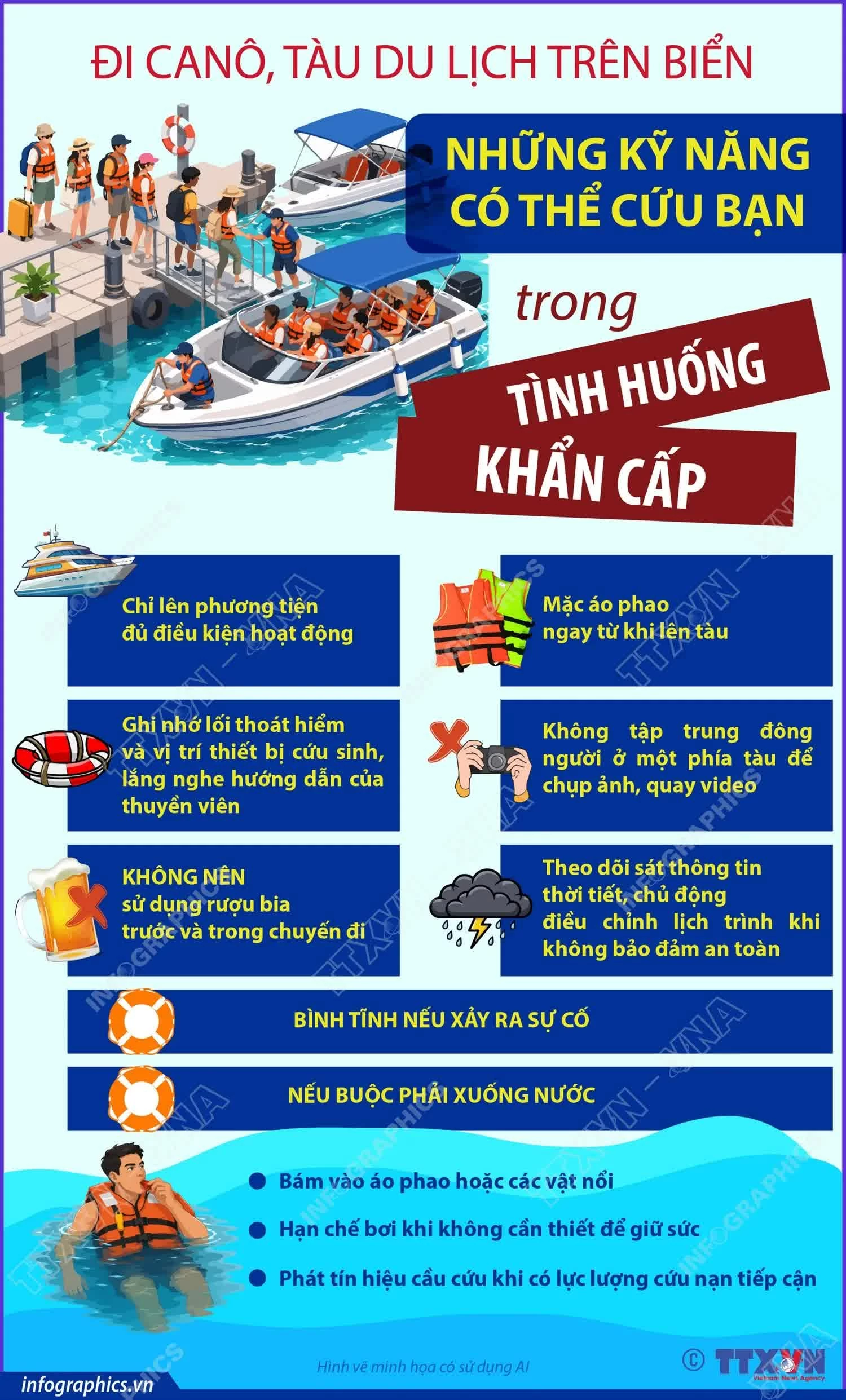 Chuyên gia khuyến cáo du khách tuân thủ hướng dẫn an toàn, mặc áo phao đúng quy định và chủ động trang bị kỹ năng xử lý tình huống khi đi tàu, canô. (Nguồn: TTXVN) Chuyên gia khuyến cáo du khách tuân thủ hướng dẫn an toàn, mặc áo phao đúng quy định và chủ động trang bị kỹ năng xử lý tình huống khi đi tàu, canô. (Nguồn: TTXVN)