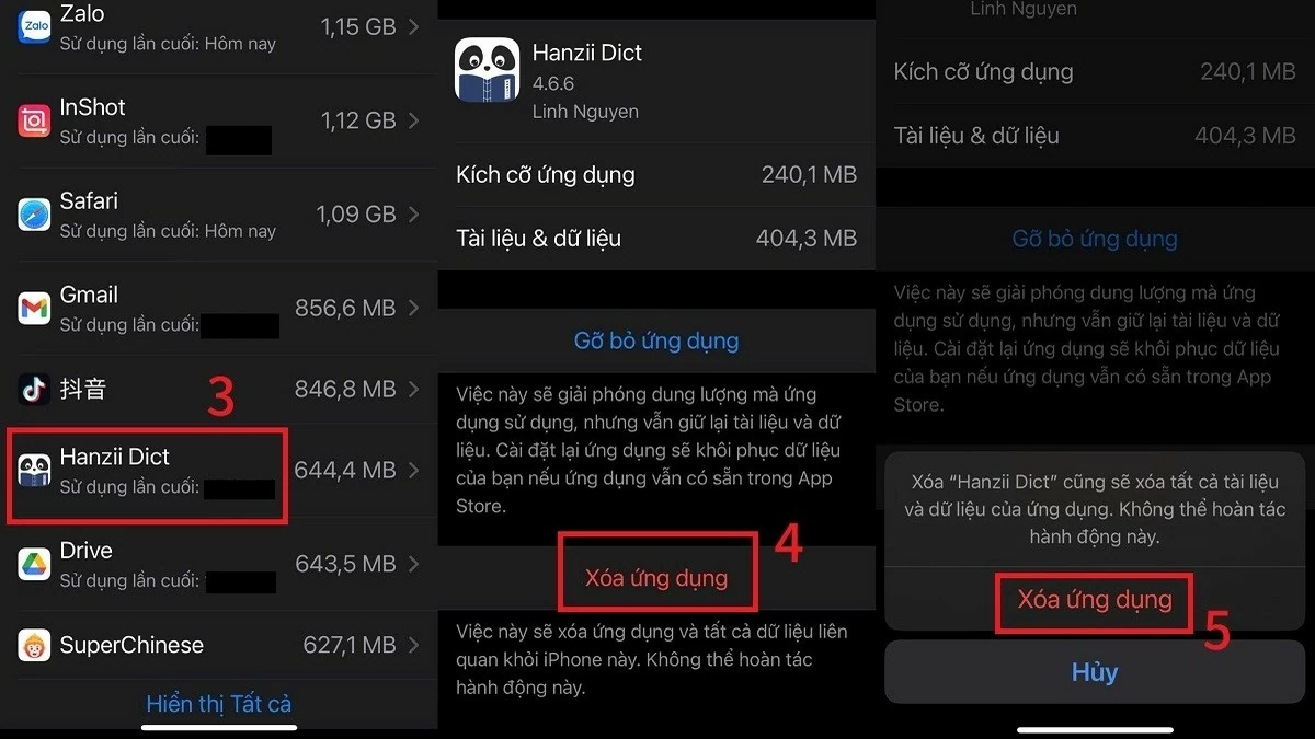 Nhấn Xóa ứng dụng và xác nhận để giải phóng không gian lưu trữ.. Nhấn Xóa ứng dụng và xác nhận để giải phóng không gian lưu trữ..