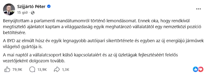 Bài đăng của cựu Ngoại trưởng Hungary Péter Szijjártó trên Facebook ngày 15/7. (Ảnh chụp màn hình)