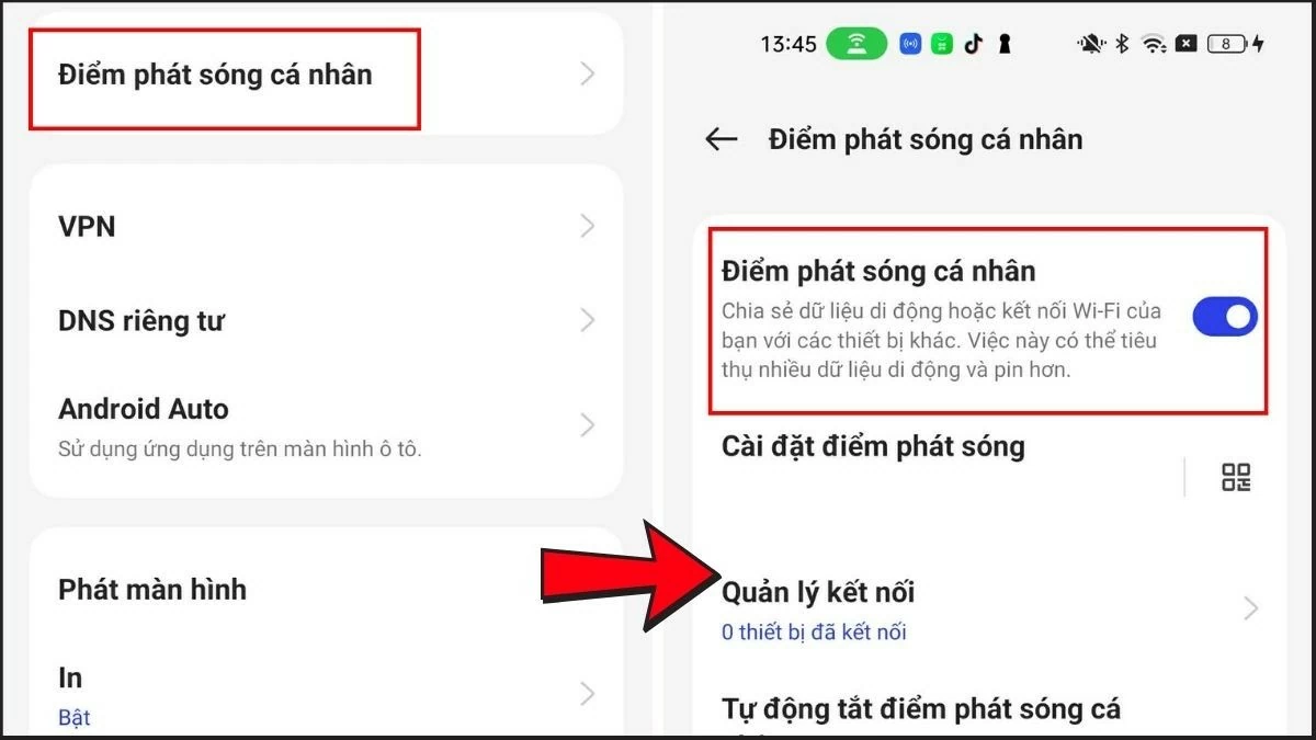 Nhấn vào Điểm phát sóng cá nhân, rồi gạt công tắc sang Bật.