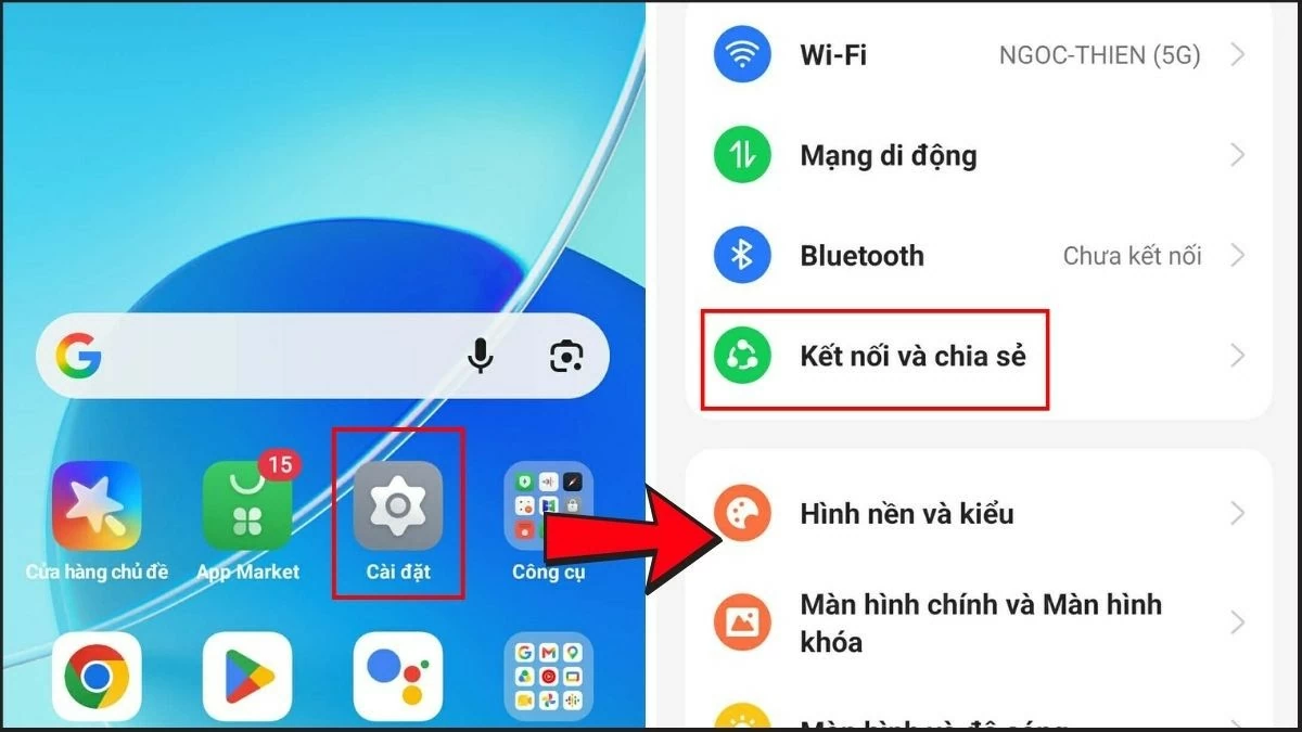 Mở Cài đặt trên điện thoại, sau đó chọn Kết nối và chia sẻ.