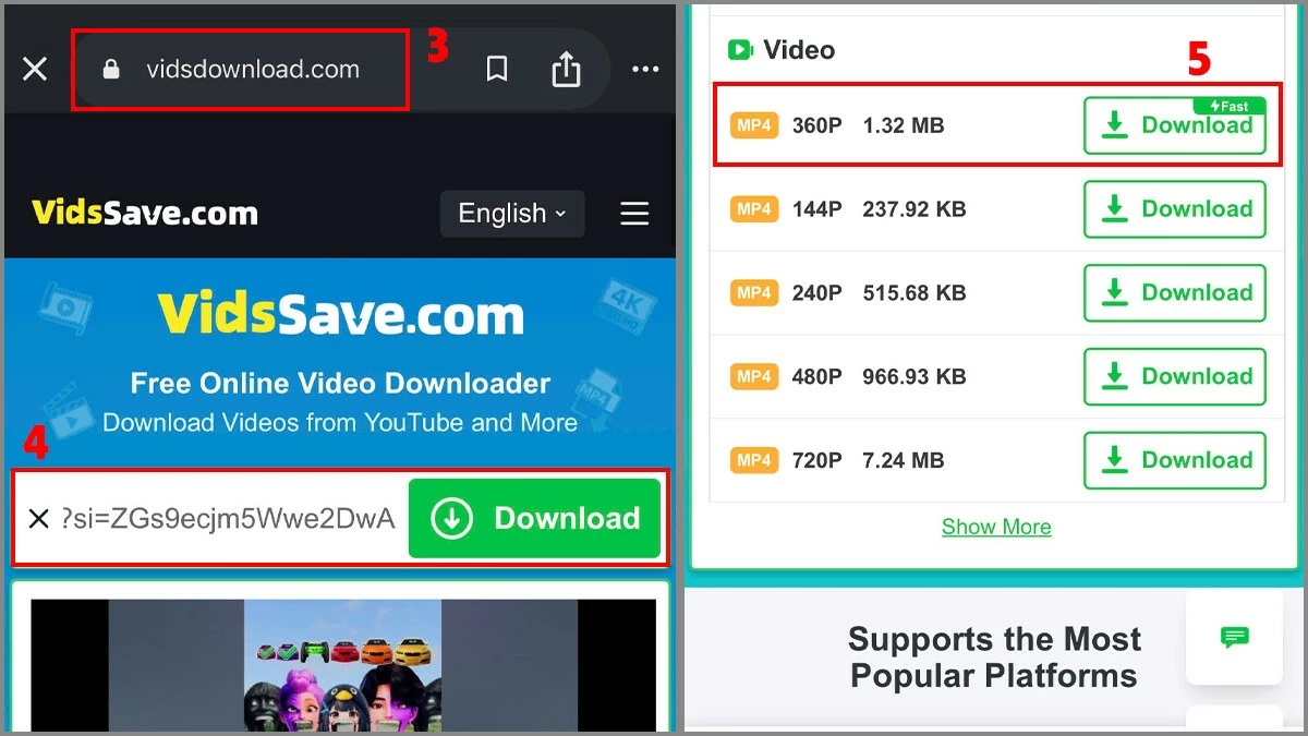 Truy cập một trang web hỗ trợ tải video YouTube bằng trình duyệt trên điện thoại.