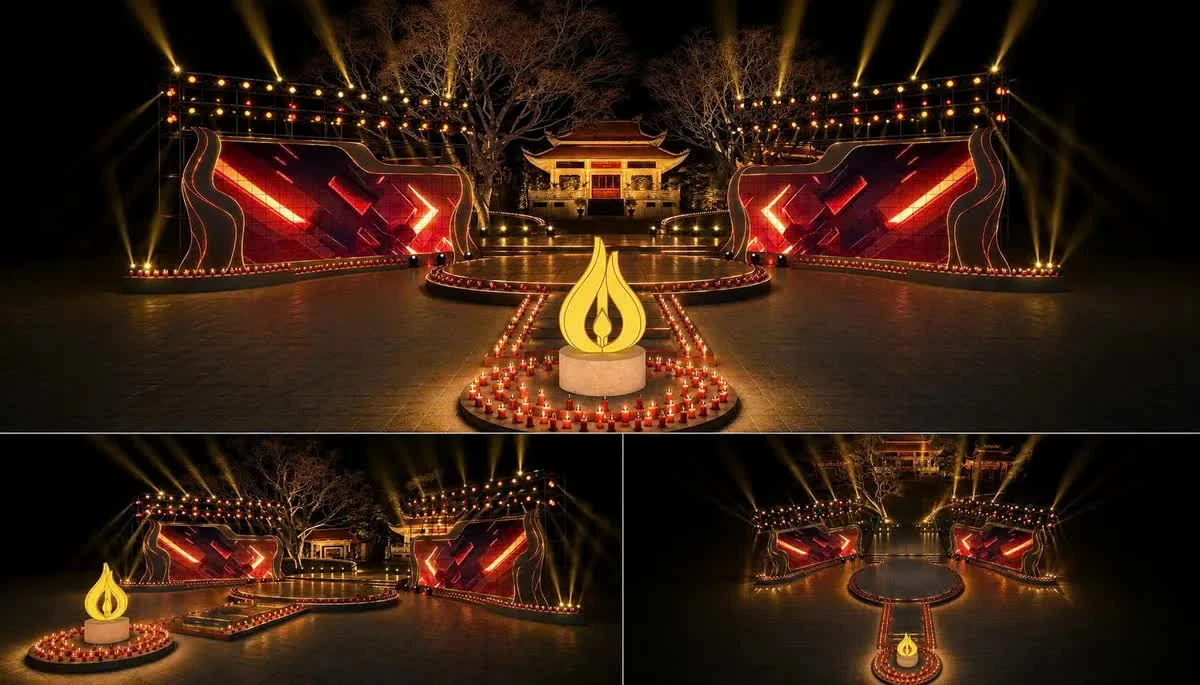 Hinh ảnh thiết kế sân khấu tại điểm cầu Công viên Lê Thị Riêng, thành phố Hồ Chí Minh. (Nguồn: VTV) Hinh ảnh thiết kế sân khấu tại điểm cầu Công viên Lê Thị Riêng, thành phố Hồ Chí Minh. (Nguồn: VTV)