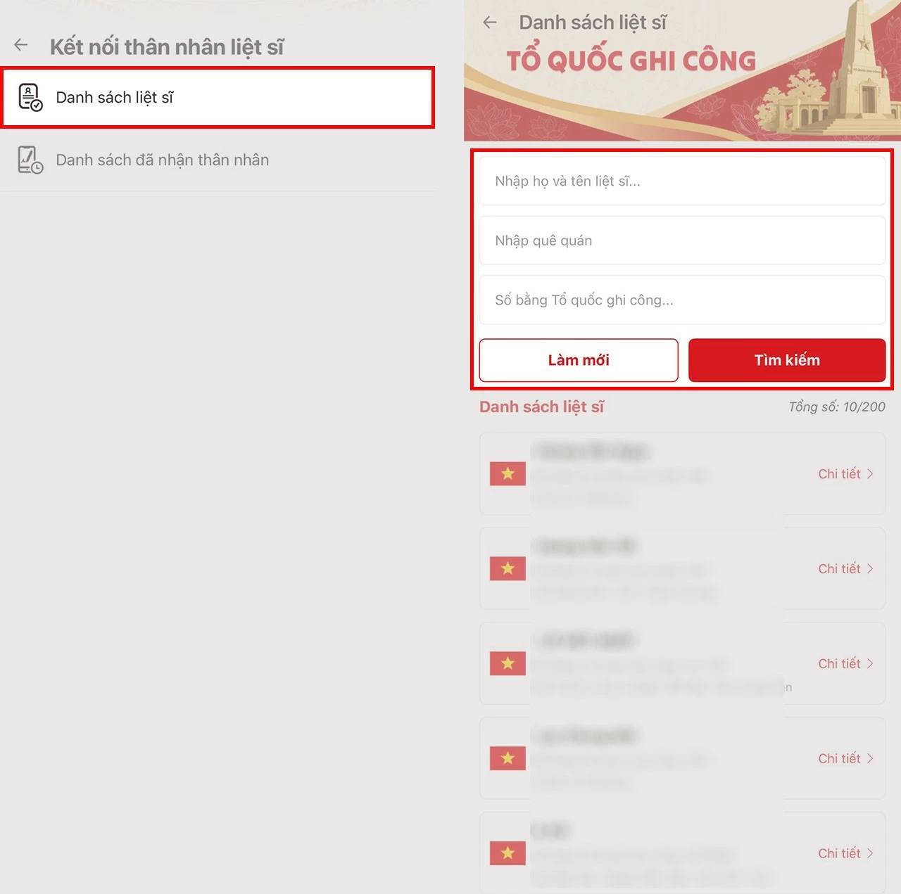 Chọn Danh sách liệt sĩ, rồi nhập đầy đủ các thông tin cần thiết. Chọn Danh sách liệt sĩ, rồi nhập đầy đủ các thông tin cần thiết.