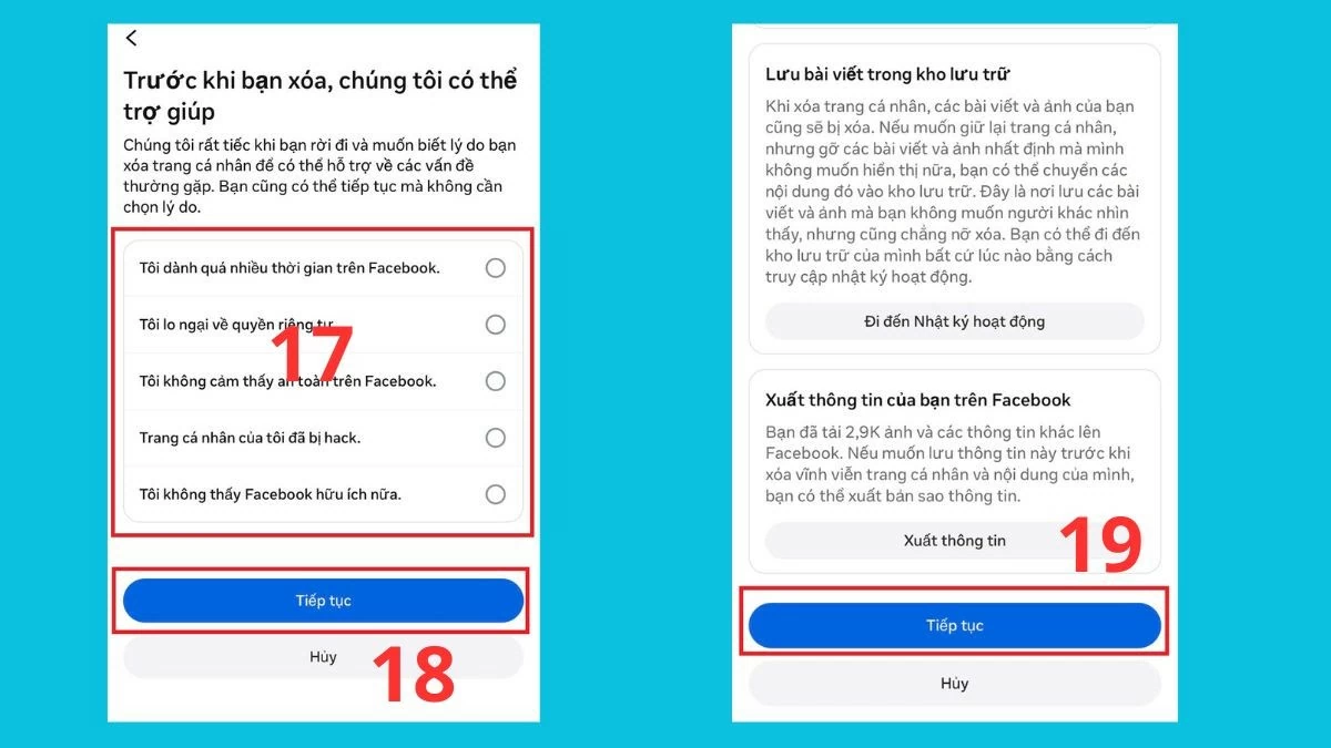 Lựa chọn lý do xóa tài khoản, xác nhận thông tin.