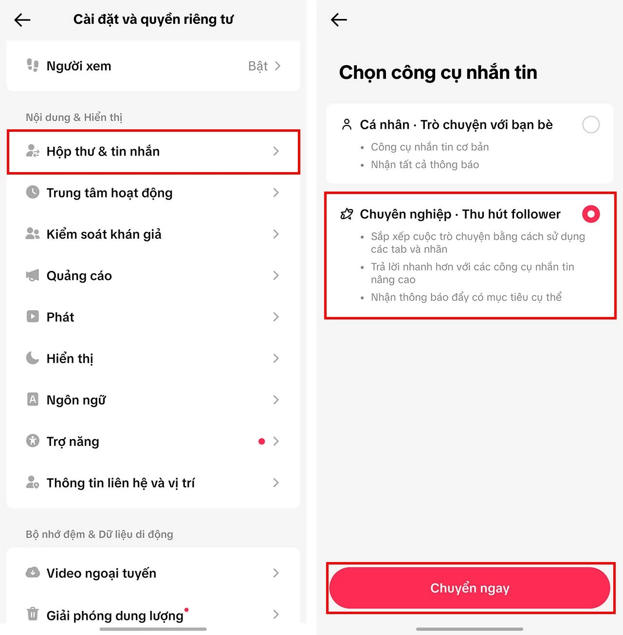 Tìm đến mục Hộp thư & tin nhắn.