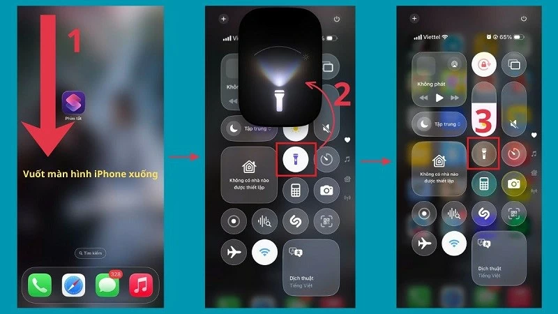 Cách bật đèn pin trên iPhone tại Trung tâm điều khiển.