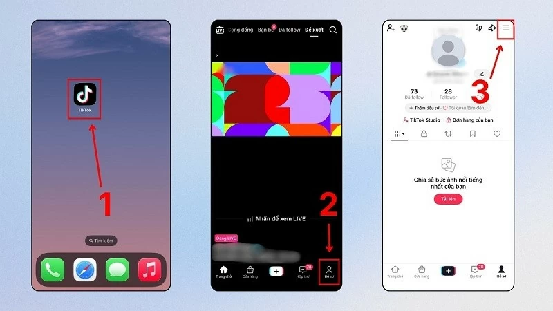 Mở ứng dụng TikTok và truy cập Hồ sơ ở góc dưới màn hình.