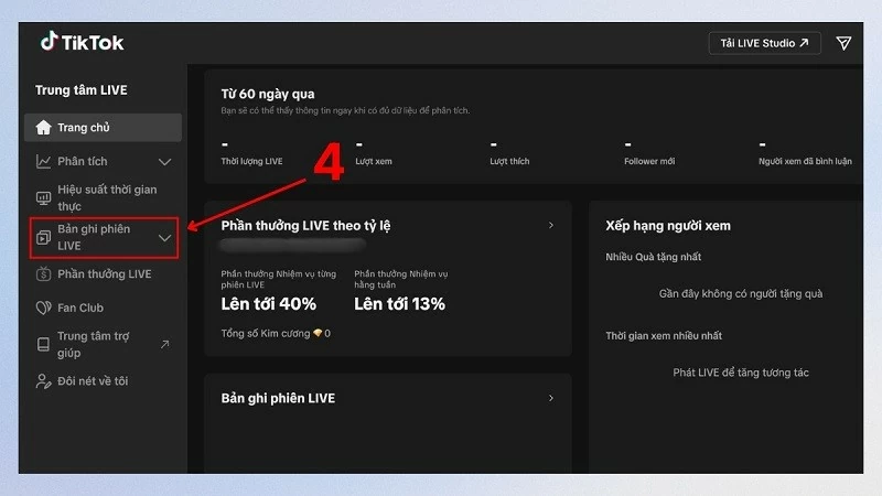 Truy cập Trung tâm LIVE và tìm mục Bản ghi phiên LIVE.