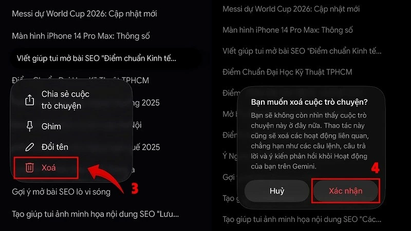Chọn cuộc trò chuyện cần xóa, sau đó nhấn vào tùy chọn Xóa. Chọn cuộc trò chuyện cần xóa, sau đó nhấn vào tùy chọn Xóa.