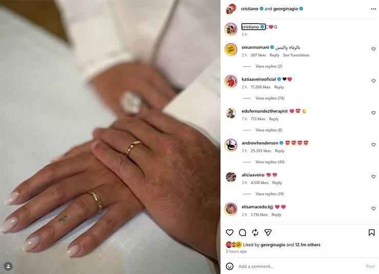 Cristiano Ronaldo kết hôn với bạn gái lâu năm Georgina Rodriguez. (Nguồn: Instagram)