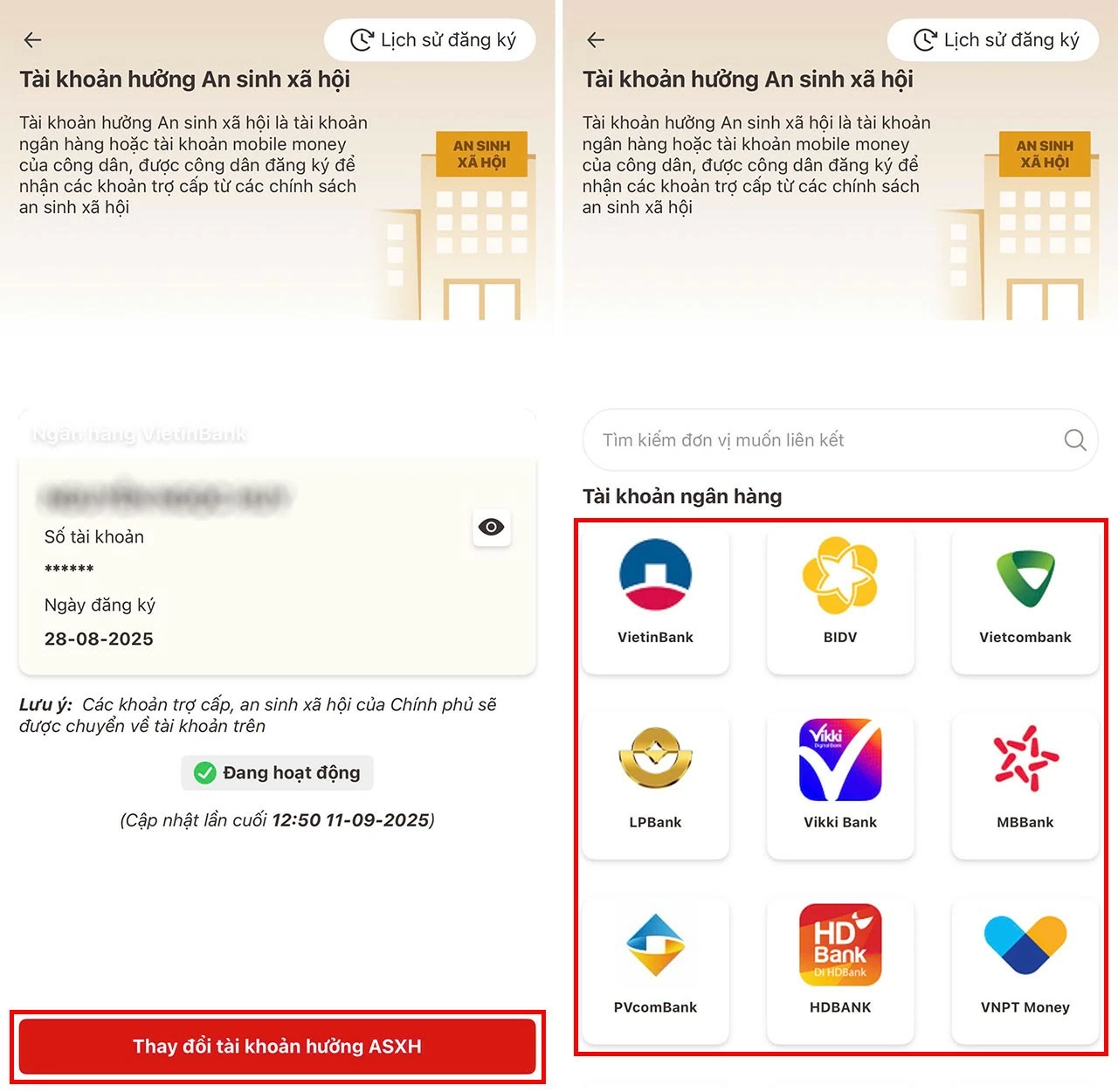 Hệ thống sẽ hiển thị tài khoản an sinh xã hội hiện đang được liên kết với bạn. 