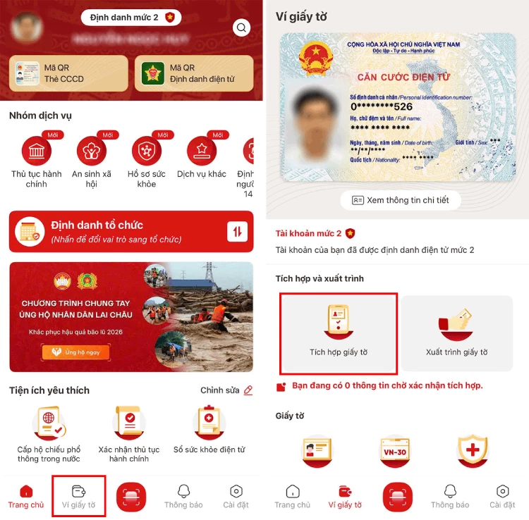 Mở ứng dụng VNeID, tại giao diện Trang chủ của tài khoản mức 2.