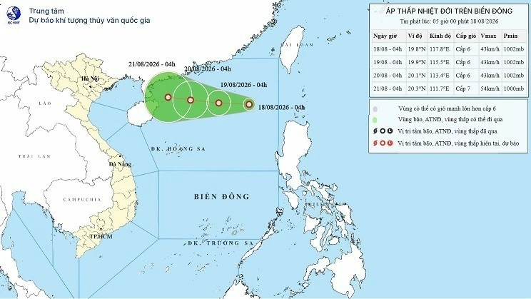 Áp thấp nhiệt đới trên Biển Đông di chuyển chủ yếu theo hướng Tây. (Nguồn: NCHMF)