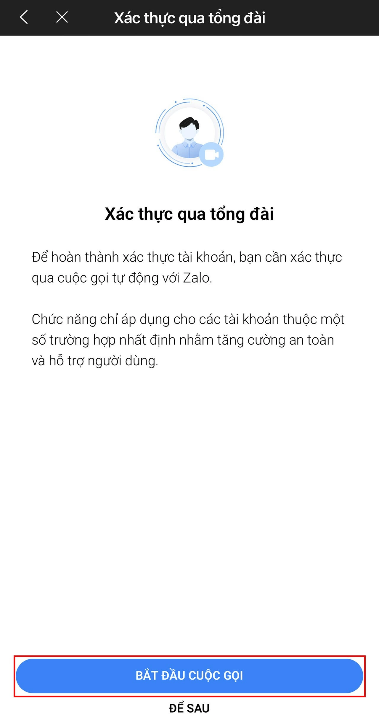 Khi giao diện xác thực xuất hiện, nhấn Bắt đầu cuộc gọi.