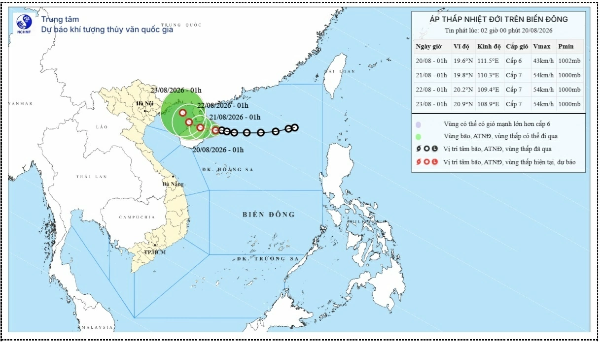 Cập nhật diễn biến áp thấp nhiệt đới sáng 20/8: Sẽ mạnh thêm khi di chuyển trên vùng biển phía Đông Vịnh Bắc Bộ