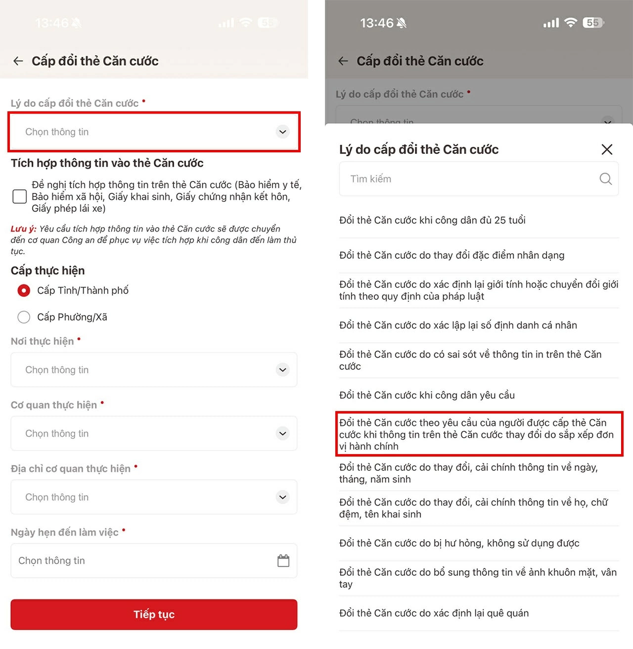 Chọn đúng lý do cấp đổi.