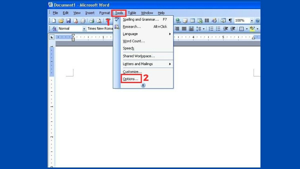 Khởi động Microsoft Word 2003, sau đó chọn Tools trên thanh công cụ.